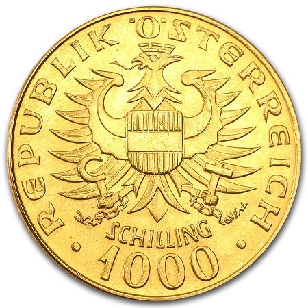 Ausztria 1000 schilling Babenberger aranyérme .900 hátlap