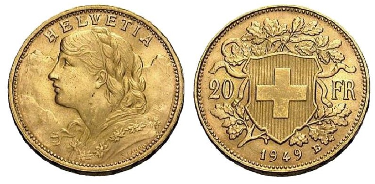 A Vreneli a világ egyik legnépszerűbb érméje. Másképpen "Swiss Miss"-nek is becézik. A 20 frankos névértékű érme a Napóleon arannyal azonos paraméterekkel rendelkezik.