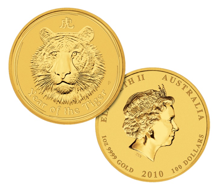 Tigris éve 2010 aranyérme, 1 uncia, 100 dollár