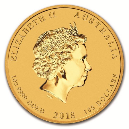 2018. Ausztrál Lunar II Kutya éve 1 unciás aranyérme fejoldala 2018. Ausztrál Lunar II Kutya éve 1 unciás aranyérme fejoldala