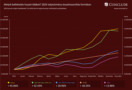 Chart: 2024-es befektetések hozama forintban: arany, állampapír (PMÁP), S&P 500, dollár (USD) és TIPS teljesítményének összehasonlítása.