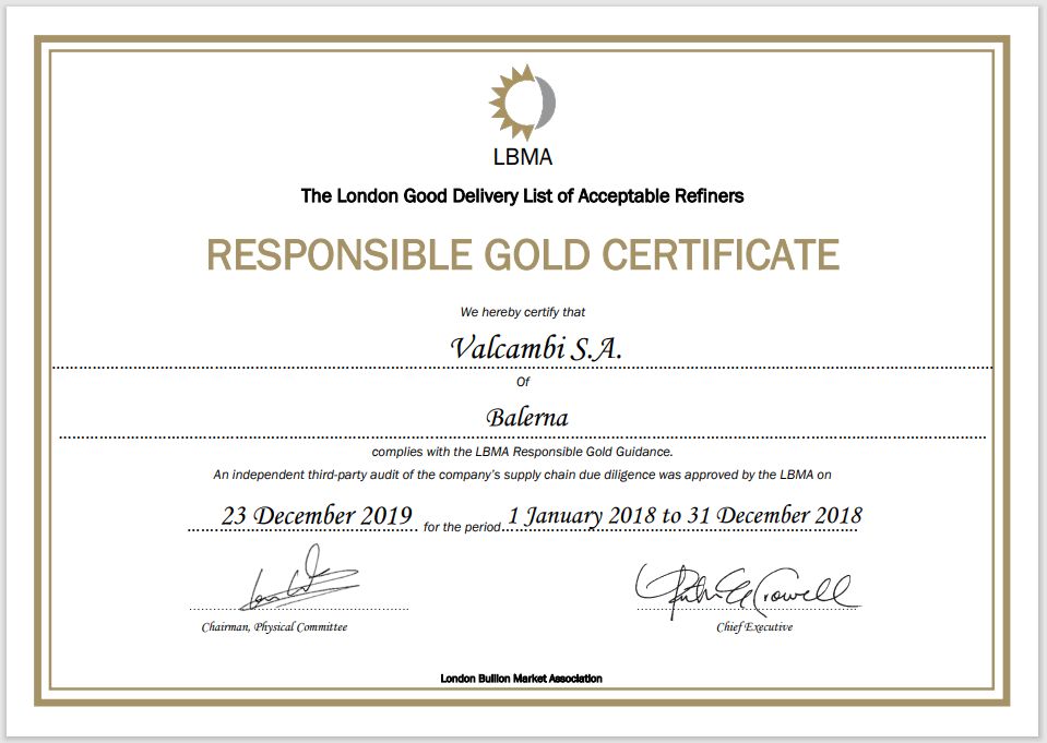 A Valcambi Zöld Arany certifikátja, melyet a Valcambi kapott az LBMA-tól