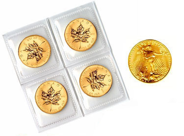 Műanyag vaákum tasakba impregnált Maple Leaf befektetési arany érmék és Liberty arany dollár