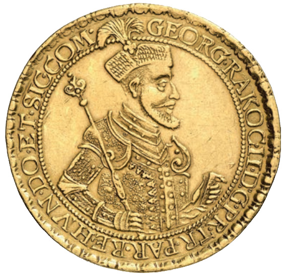 II. Rákóczi György erdélyi fejedelem (1630-1648) arany 10 dukátosa, a Künker cég 2014 tavaszi katalógusában 40.000 euróért lett licitre bocsátva.; Conclude Zrt.